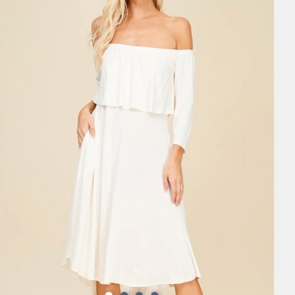 Annabelle Dresses & Skirts - Ivory Off The Shoulder Midi Dress w/ 3/4 Sleeve